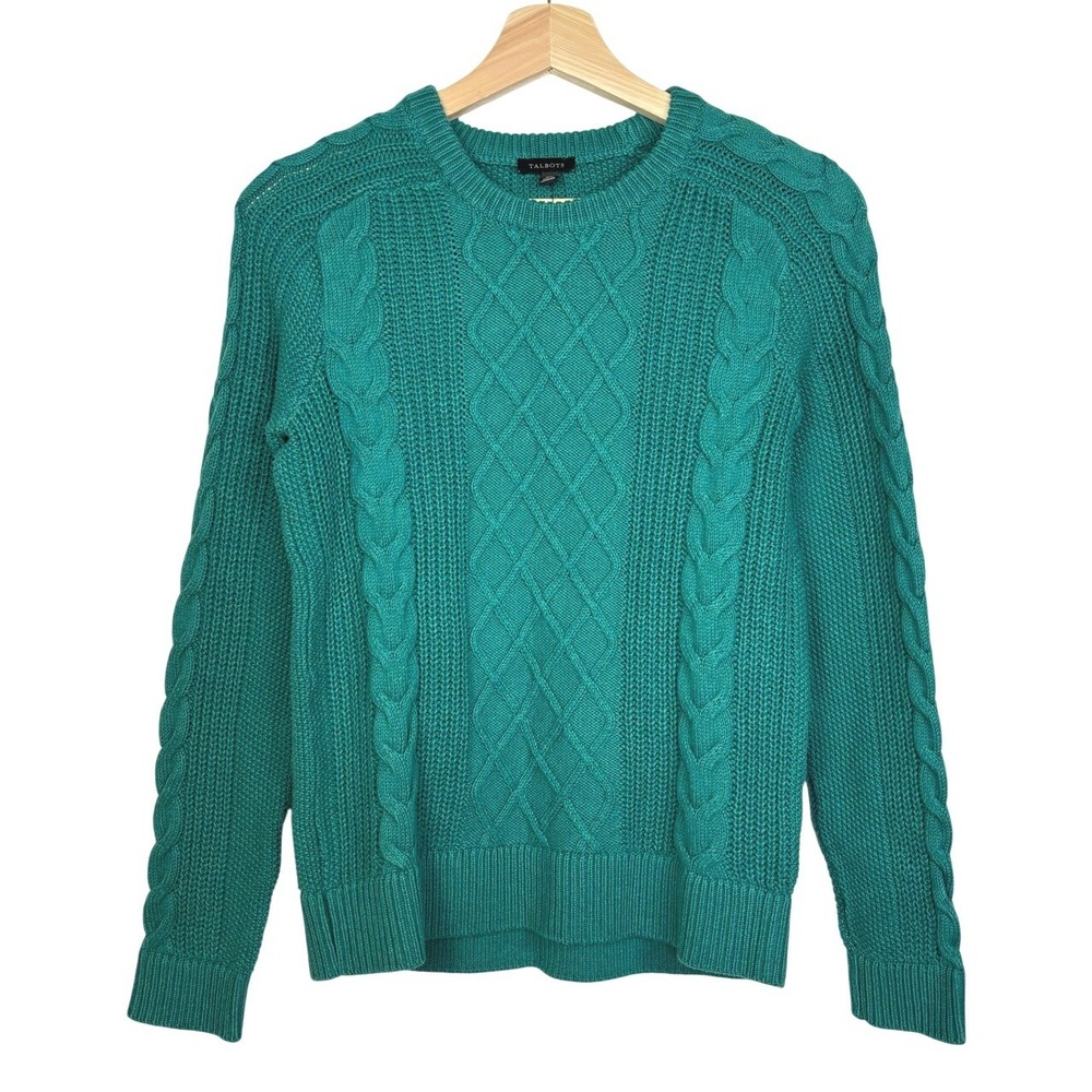 Talbots Cable Knit Sweater XS 100% Cotton Verdant Green Preppy Cozy NWT